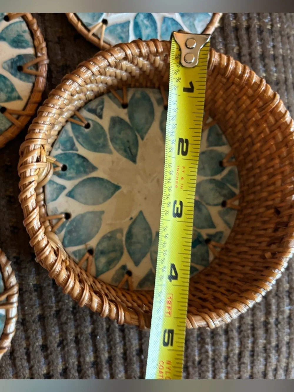 handwoven rattan coaster set of 6  mother-of-pearl floral mosaic inlay
